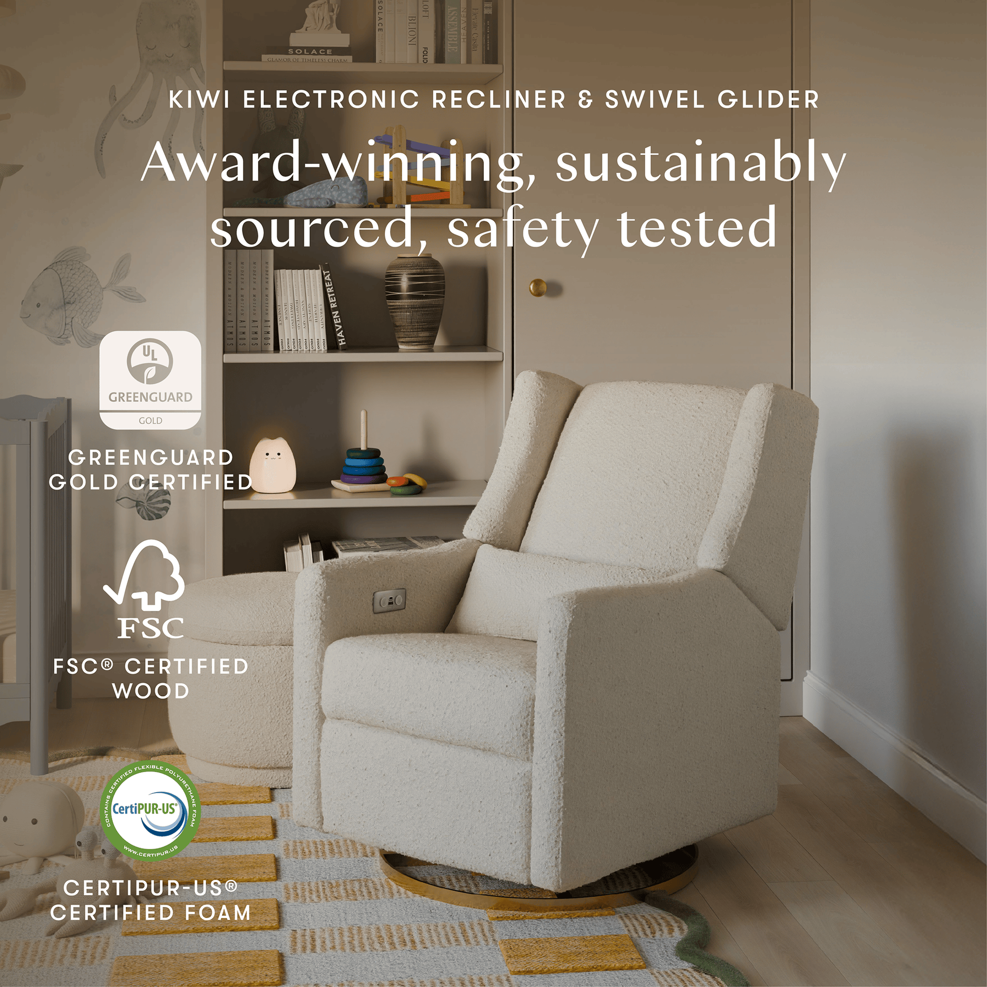 Babyletto Kiwi Electronic Glider Recliner w/ USB - Ivory Boucle w/ Gold Base - M11288WBG