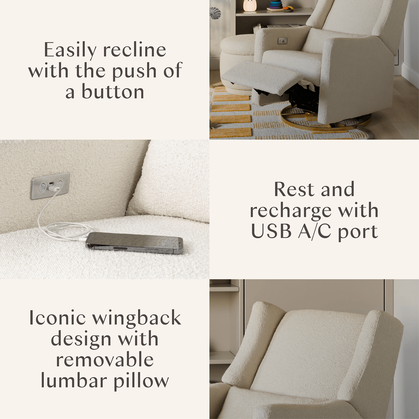Babyletto Kiwi Electronic Glider Recliner w/ USB - Ivory Boucle w/ Gold Base - M11288WBG