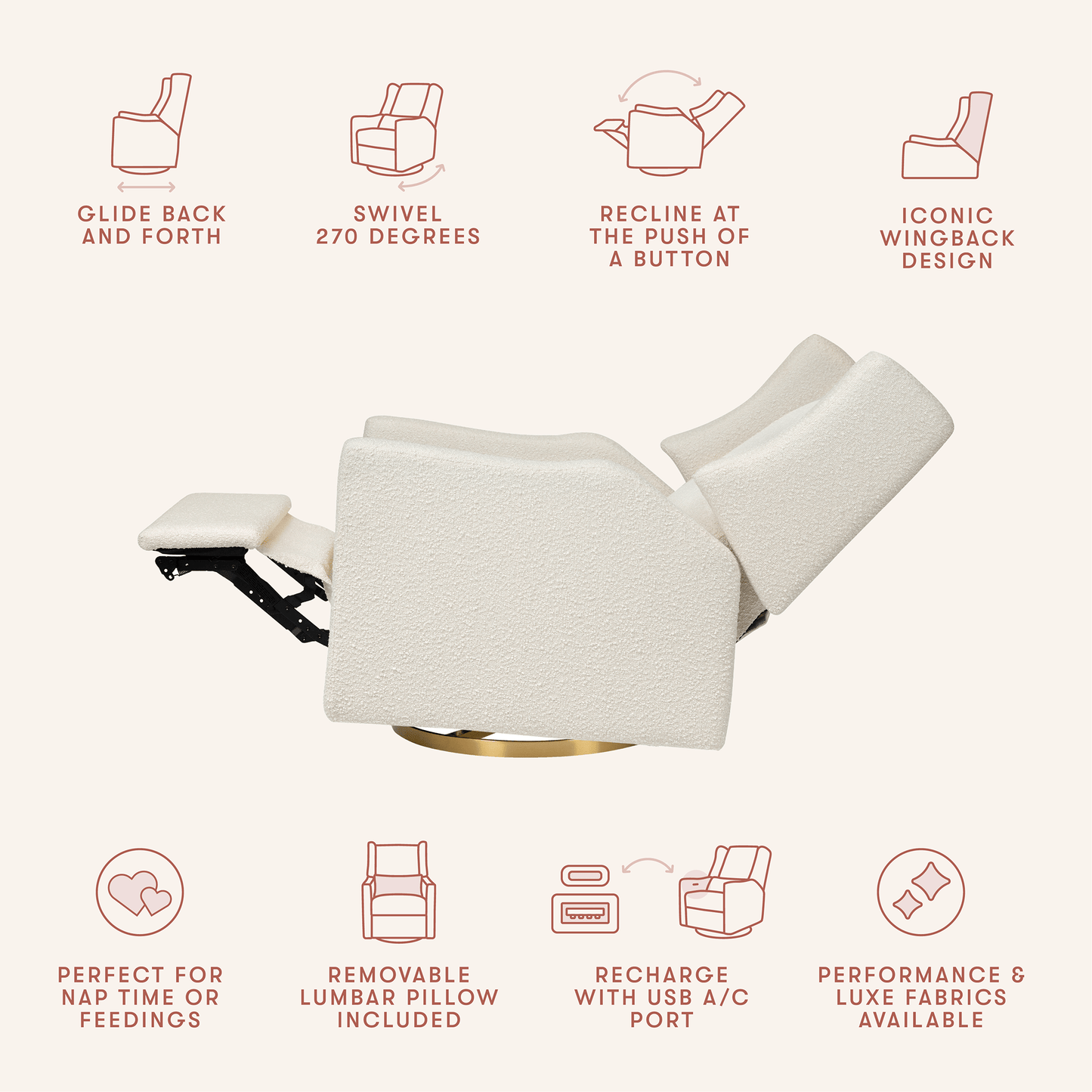Babyletto Kiwi Electronic Glider Recliner w/ USB - Ivory Boucle w/ Gold Base - M11288WBG