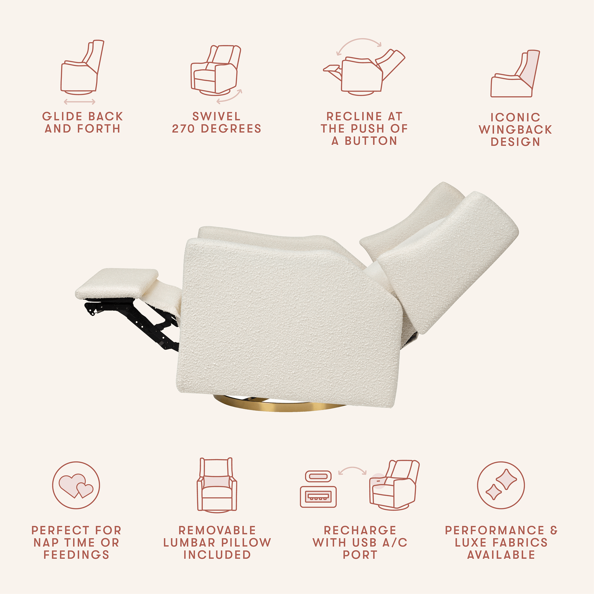 Babyletto Kiwi Electronic Glider Recliner w/ USB - Ivory Boucle w/ Gold Base - M11288WBG