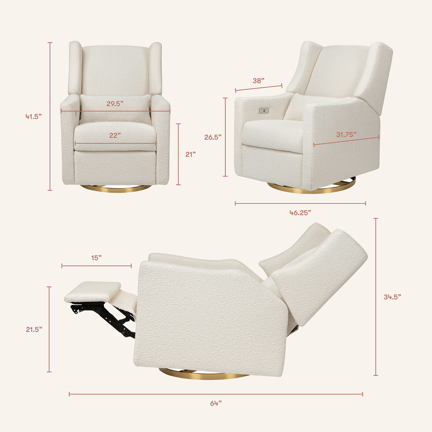 Babyletto Kiwi Electronic Glider Recliner w/ USB - Ivory Boucle w/ Gold Base - M11288WBG