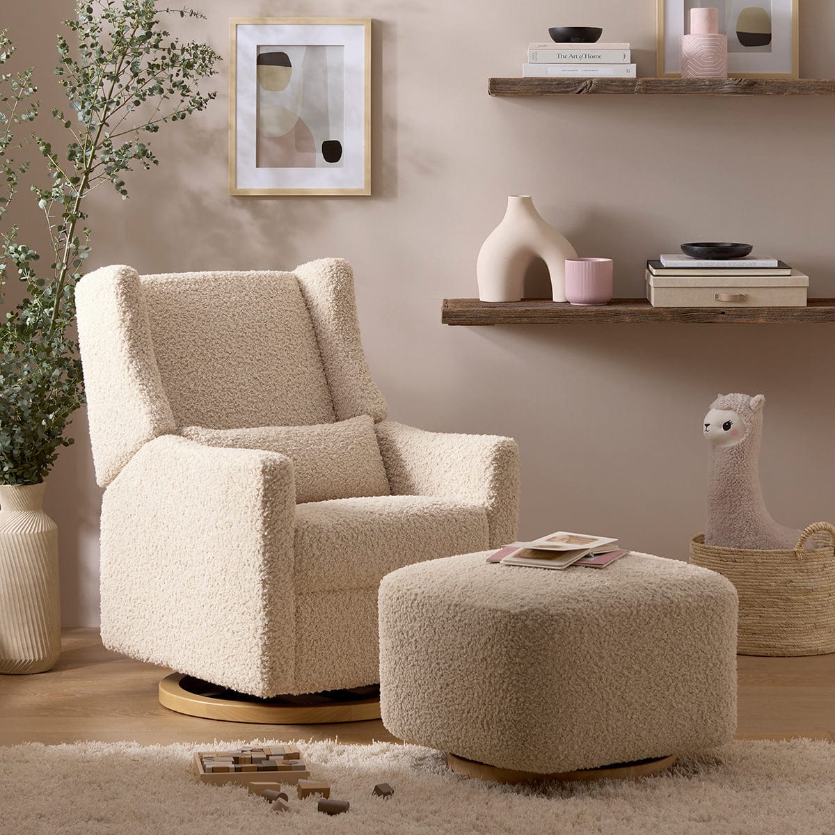 Babyletto Kiwi Gliding Ottoman - Almond Teddy Loop w/ Light Wood Base - M26385ATLB