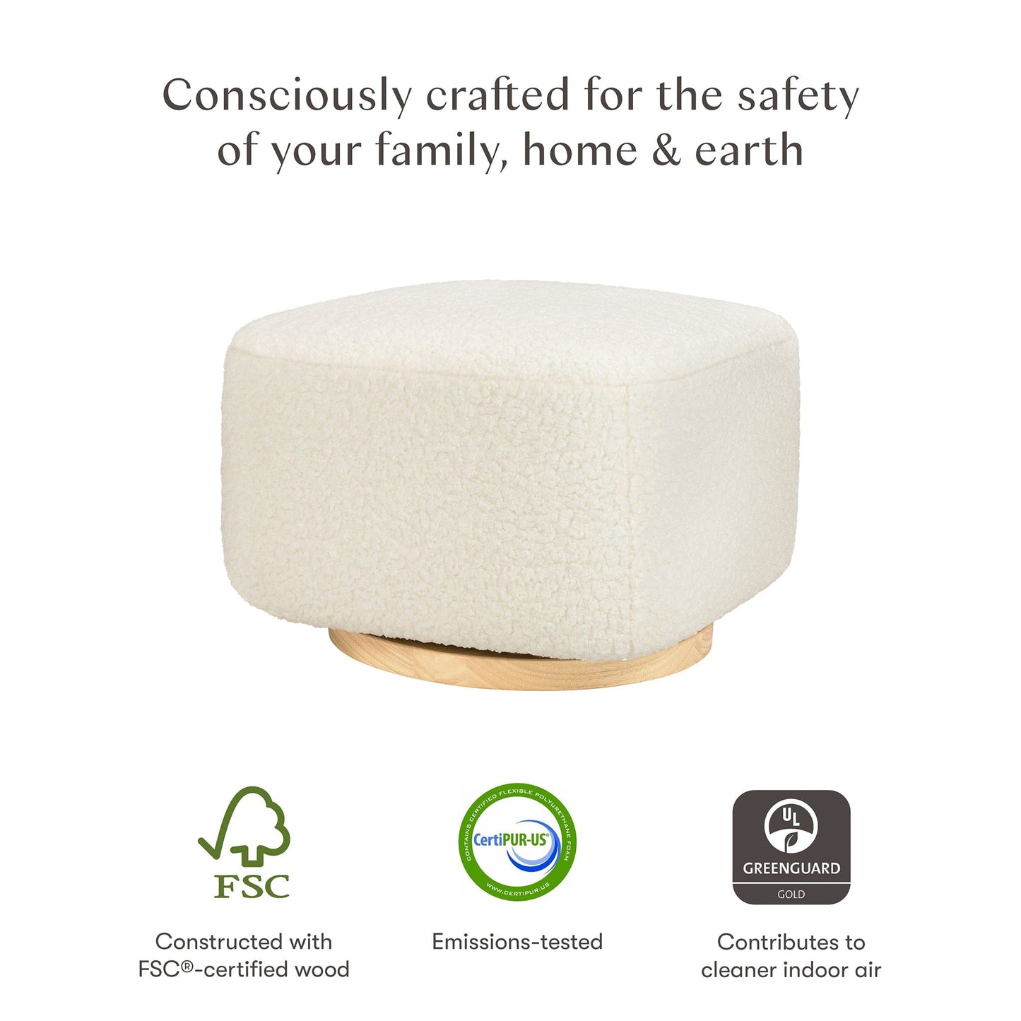 Babyletto Kiwi Gliding Ottoman - Cream Shearling with Light Wood Base - M26385CMSGLB