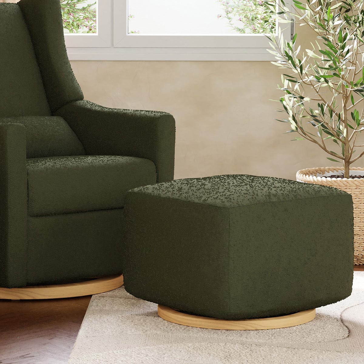 Babyletto Kiwi Gliding Ottoman - Olive Boucle w/ Light Wood Base - M26385OBLB