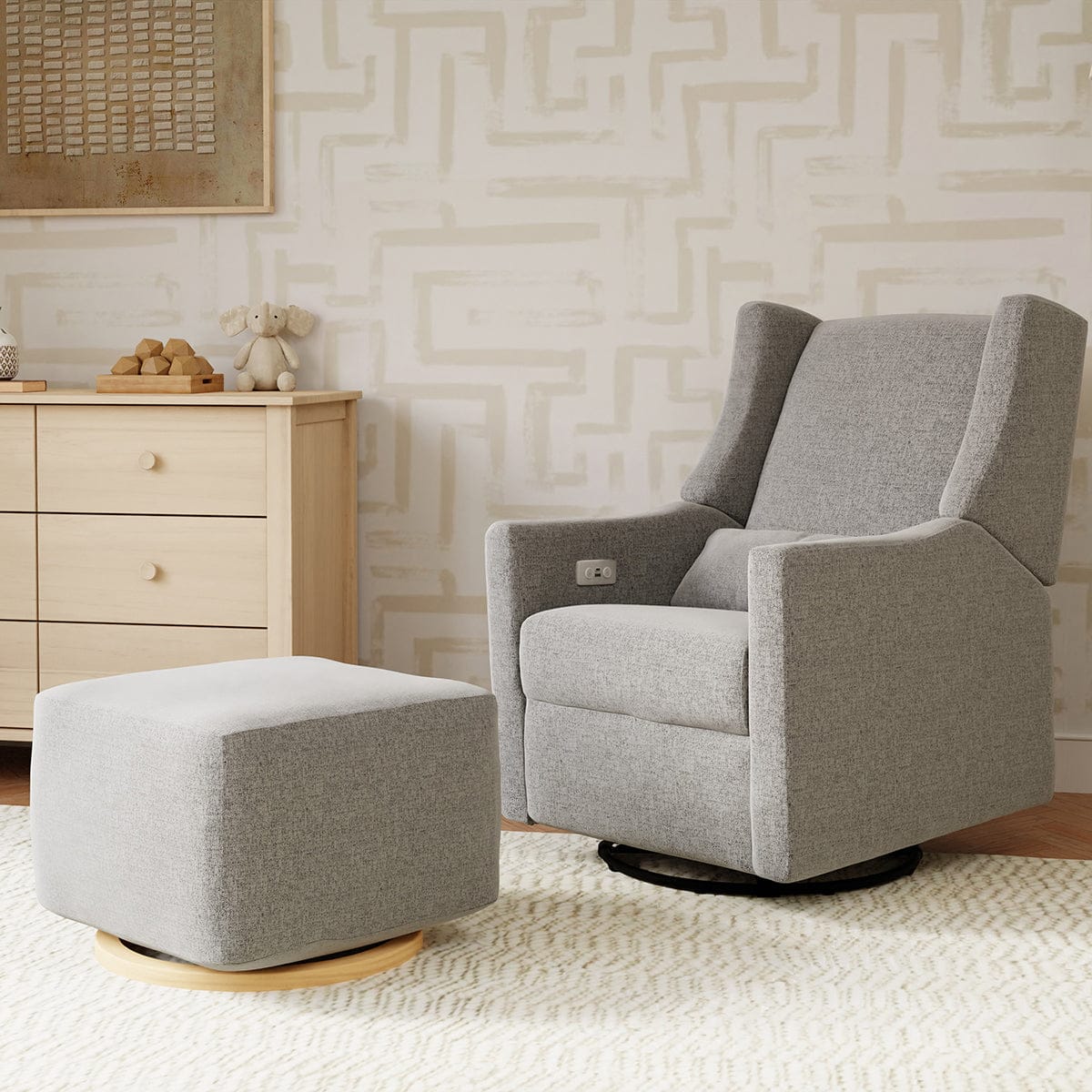 Babyletto Kiwi Gliding Ottoman - Performance Grey Eco-Weave w/ Light Wood Base - M26385PGEWLB
