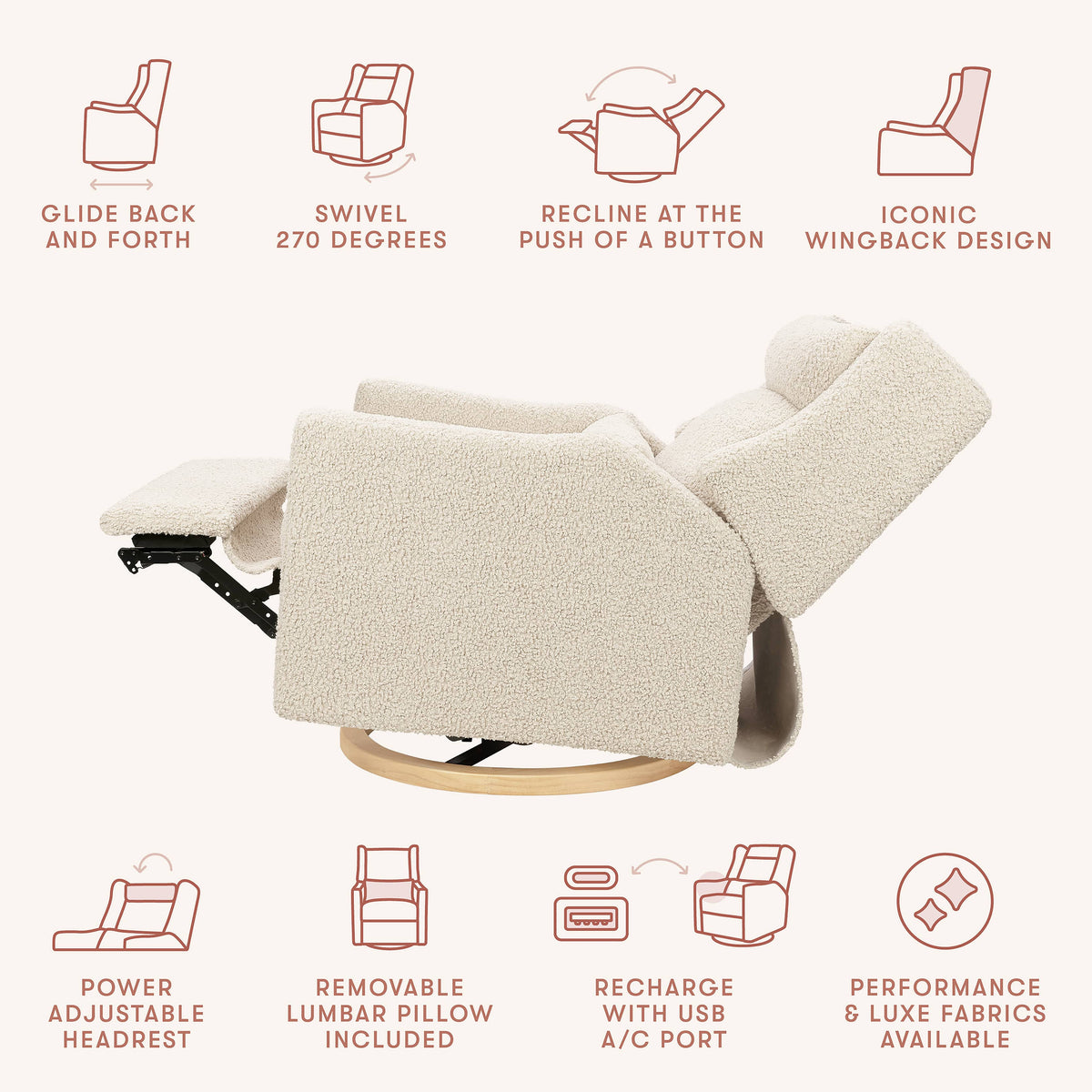 Babyletto Kiwi Plus Chair and a Half Power Recliner and Swivel Glider with Power Adjustable Headrest and USB Port - Almond Teddy Loop with Light Wood Base