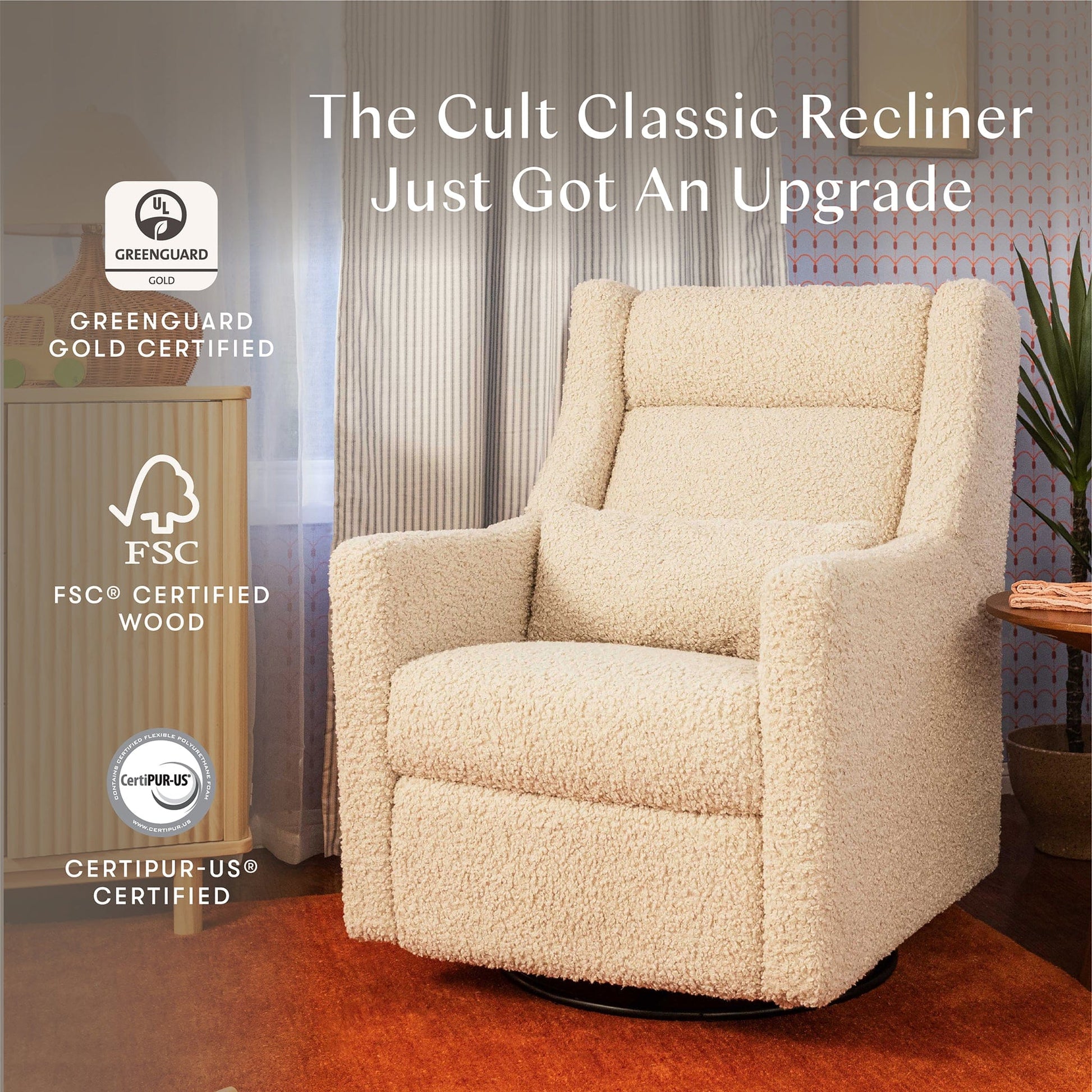 Babyletto Kiwi Plus Electric Recliner Swivel Glider w/ Adjustable Headrest + USB Port - Almond Teddy Loop - M11286AT