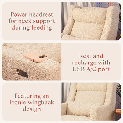 Babyletto Kiwi Plus Electric Recliner Swivel Glider w/ Adjustable Headrest + USB Port - Almond Teddy Loop - M11286AT