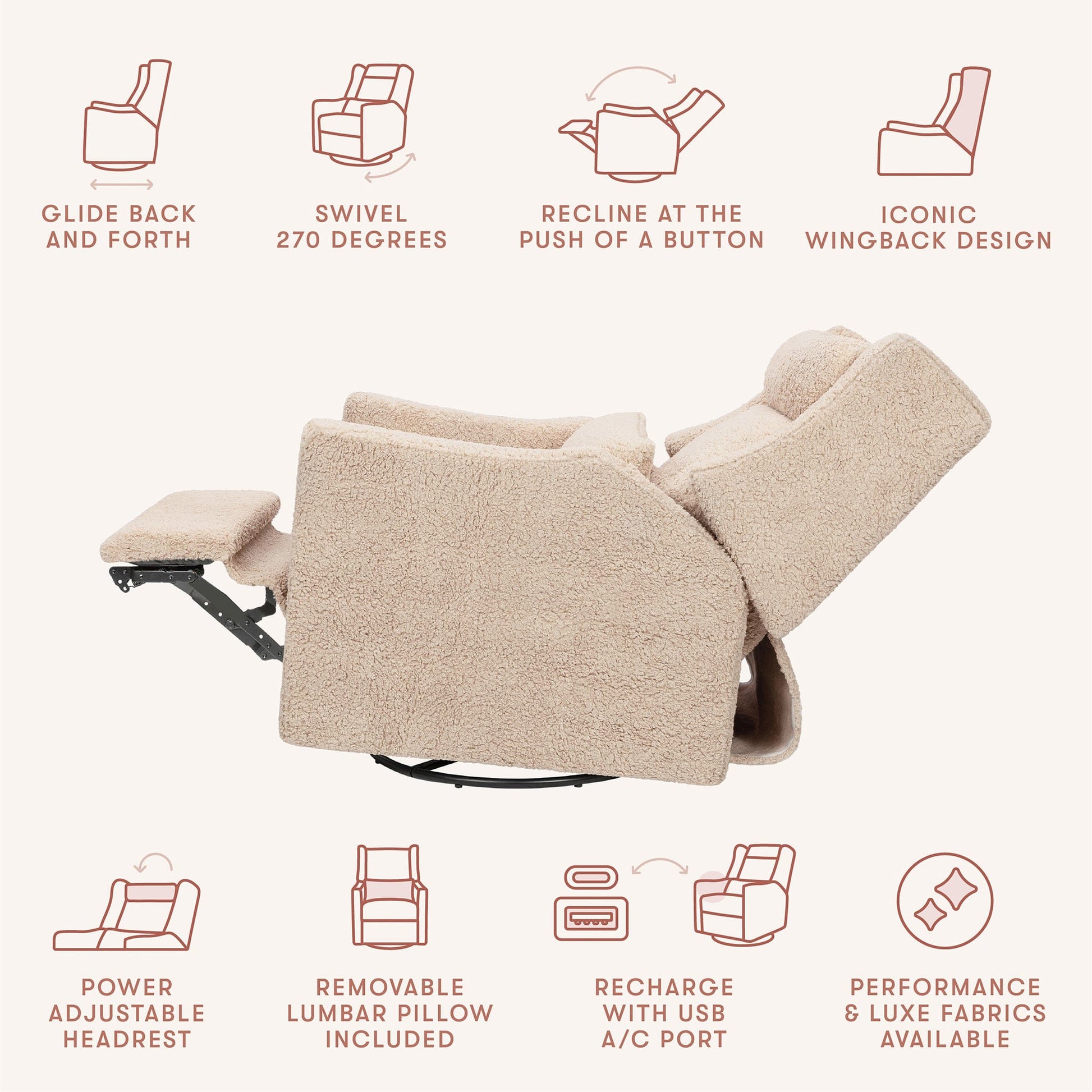 Babyletto Kiwi Plus Electric Recliner Swivel Glider w/ Adjustable Headrest + USB Port - Chai Shearling - M11286CSG