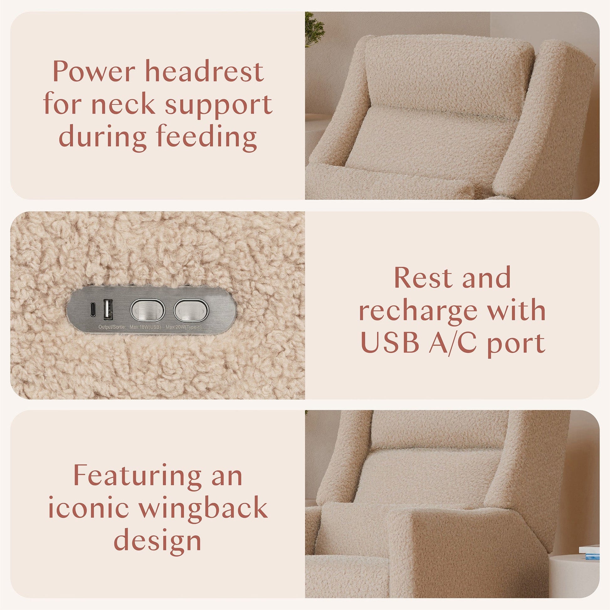 Babyletto Kiwi Plus Electric Recliner Swivel Glider w/ Adjustable Headrest + USB Port - Chai Shearling - M11286CSG