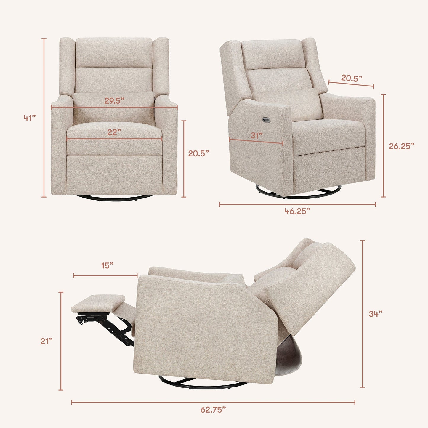 Babyletto Kiwi Plus Electric Recliner Swivel Glider w/ Adjustable Headrest + USB Port - Performance Beach Eco-Weave - M11286PBEW