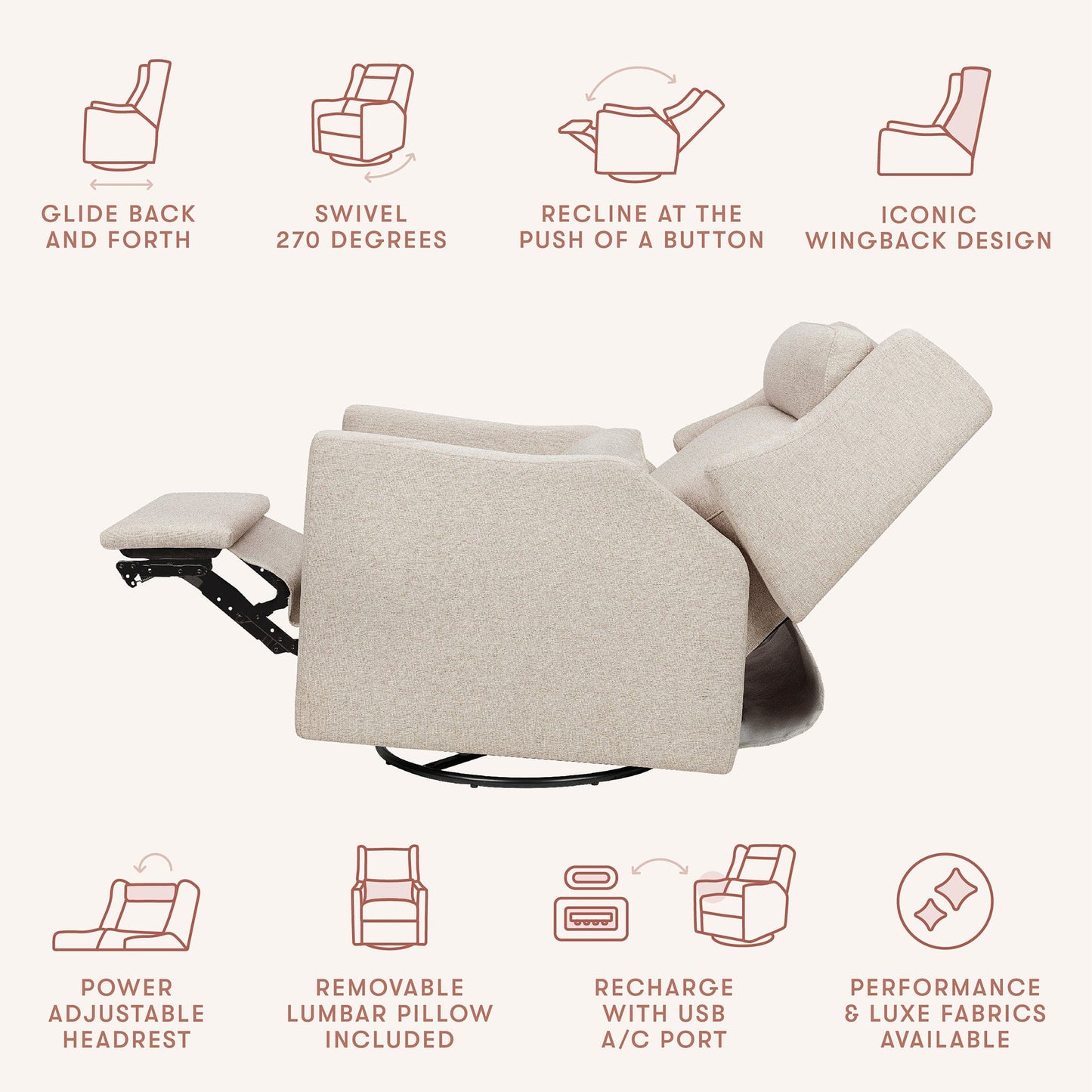 Babyletto Kiwi Plus Electric Recliner Swivel Glider w/ Adjustable Headrest + USB Port - Performance Beach Eco-Weave - M11286PBEW