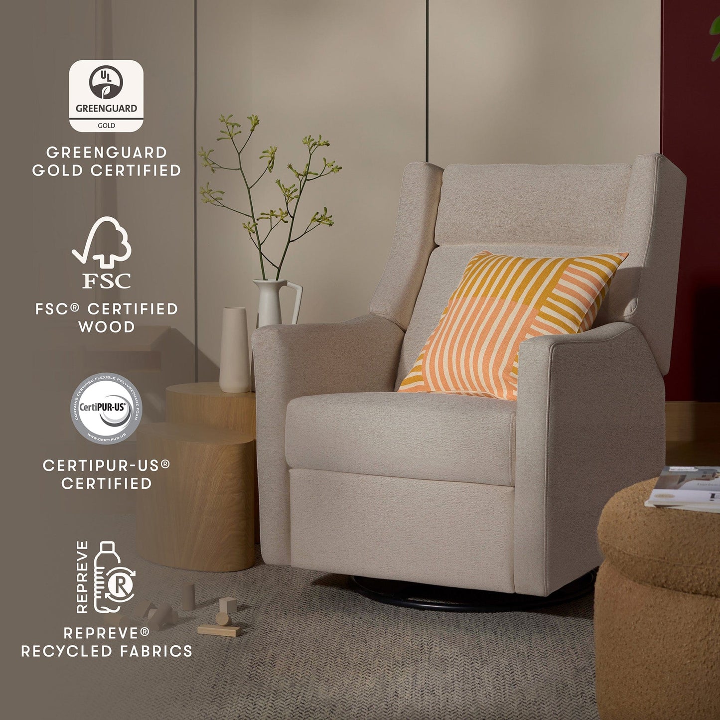 Babyletto Kiwi Plus Electric Recliner Swivel Glider w/ Adjustable Headrest + USB Port - Performance Beach Eco-Weave - M11286PBEW