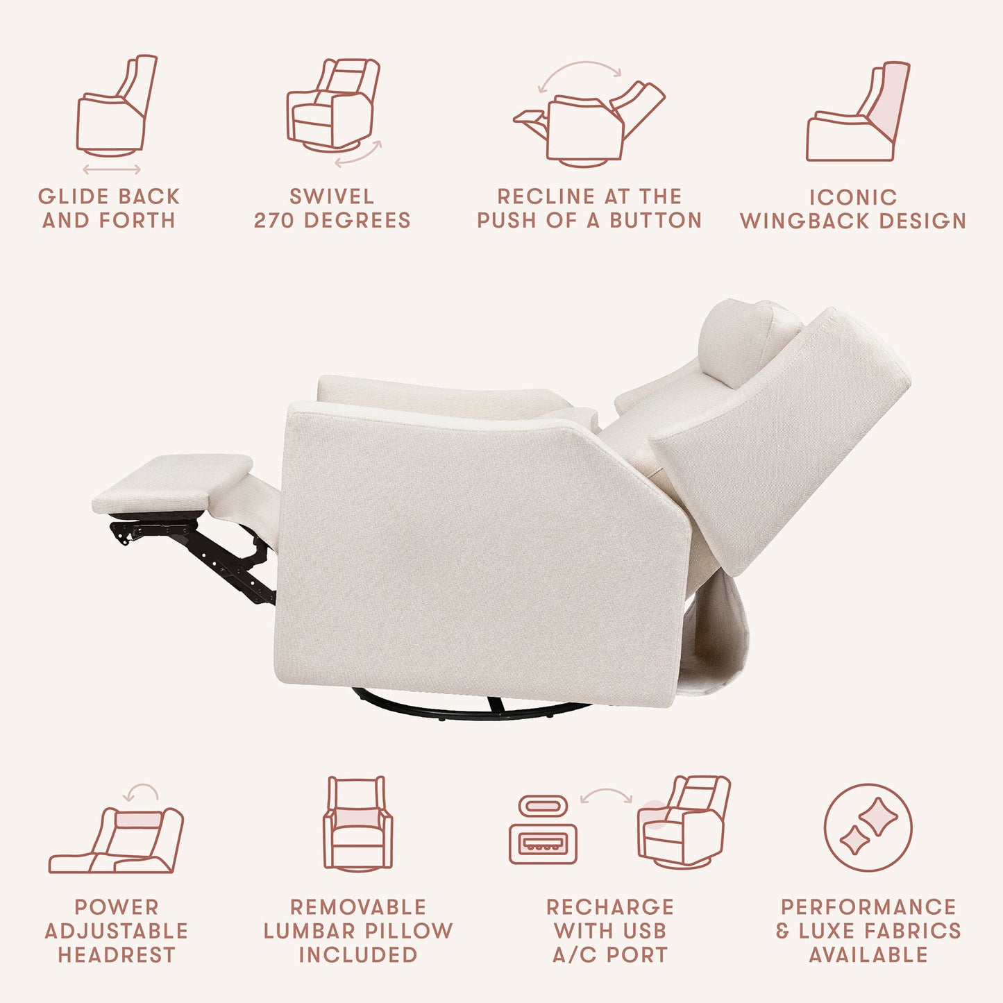 Babyletto Kiwi Plus Electric Recliner Swivel Glider w/ Adjustable Headrest + USB Port - Performance Cream Eco-Weave - M11286PCMEW