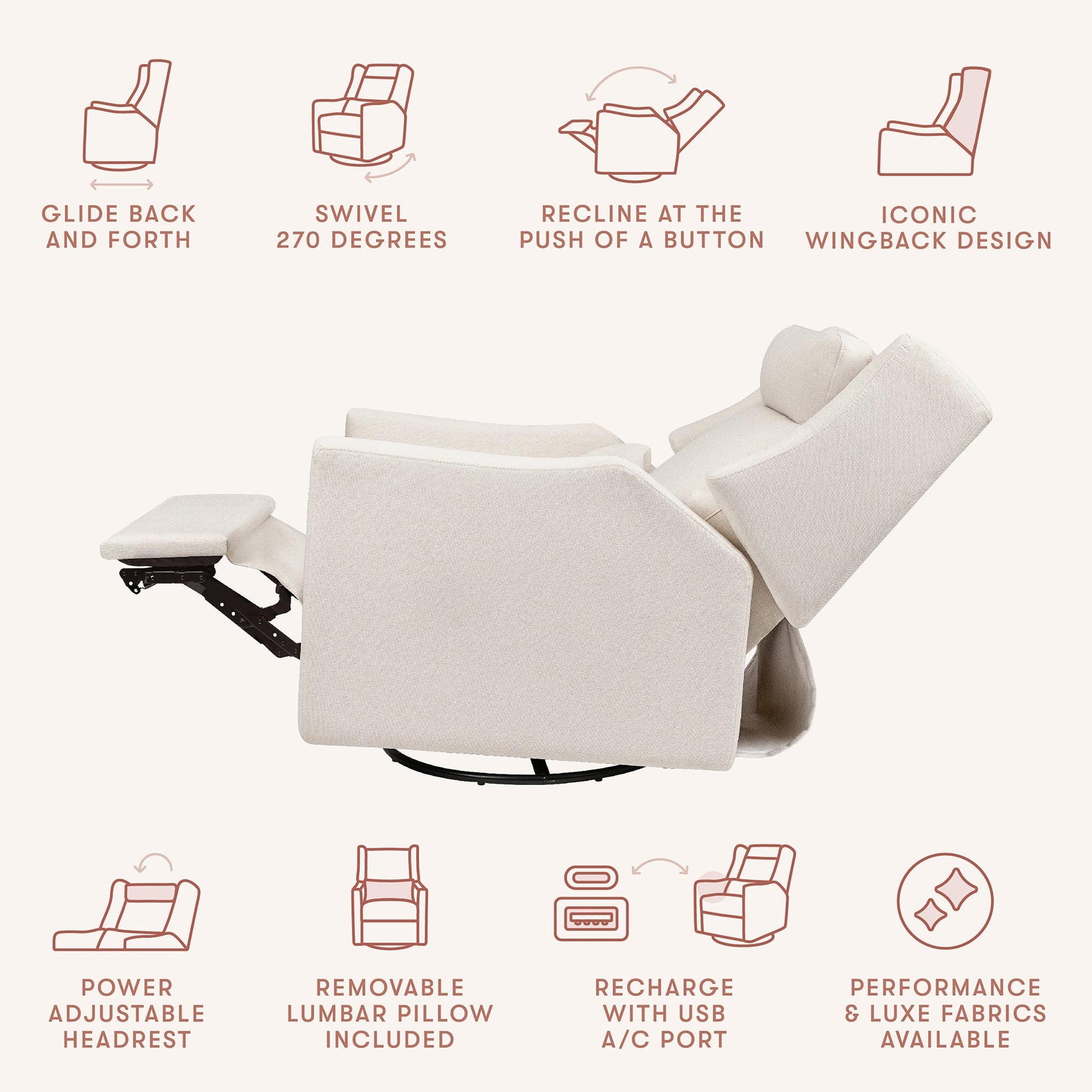 Babyletto Kiwi Plus Electric Recliner Swivel Glider w/ Adjustable Headrest + USB Port - Performance Cream Eco-Weave - M11286PCMEW