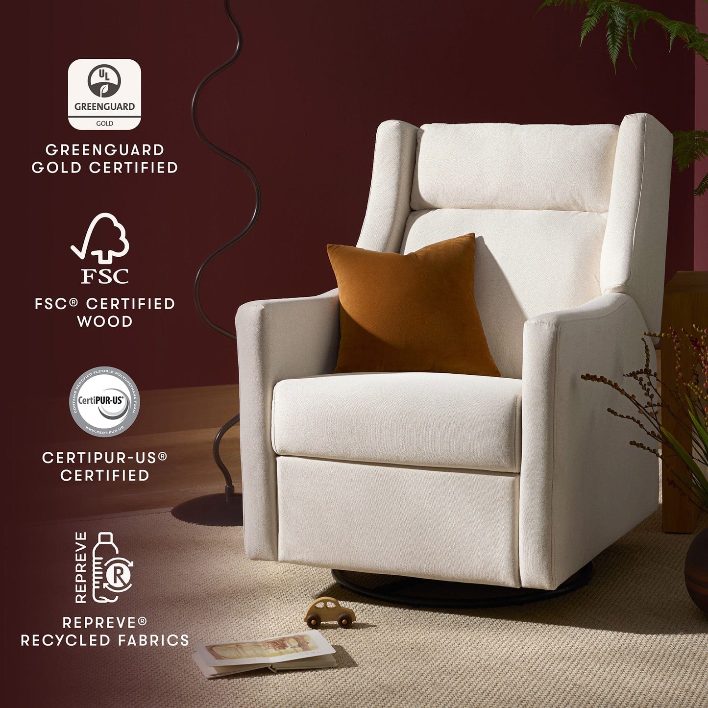 Babyletto Kiwi Plus Electric Recliner Swivel Glider w/ Adjustable Headrest + USB Port - Performance Cream Eco-Weave - M11286PCMEW