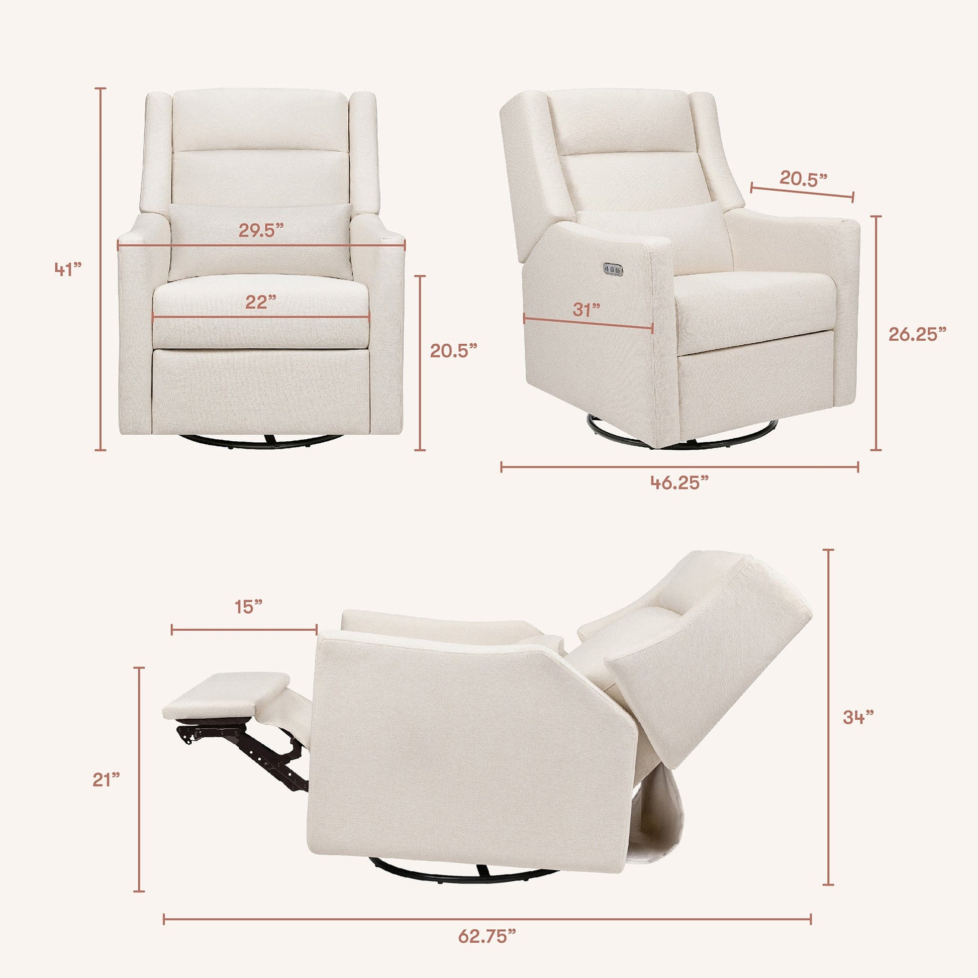 Babyletto Kiwi Plus Electric Recliner Swivel Glider w/ Adjustable Headrest + USB Port - Performance Cream Eco-Weave - M11286PCMEW