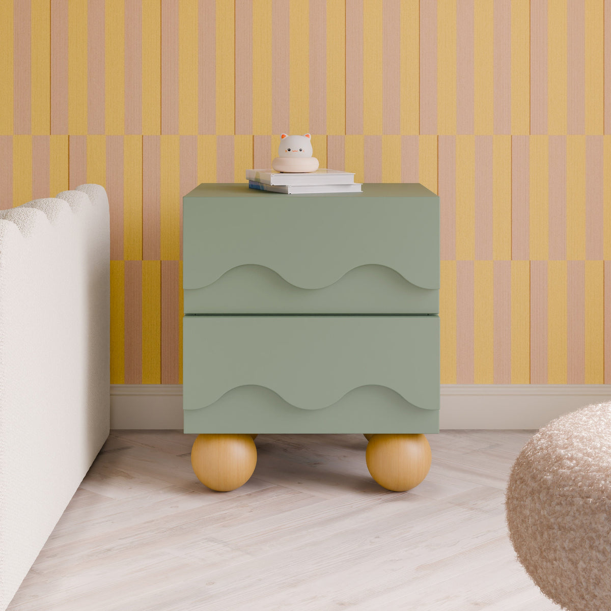 Babyletto Lido Wave Assembled Nightstand - Light Sage/Honey