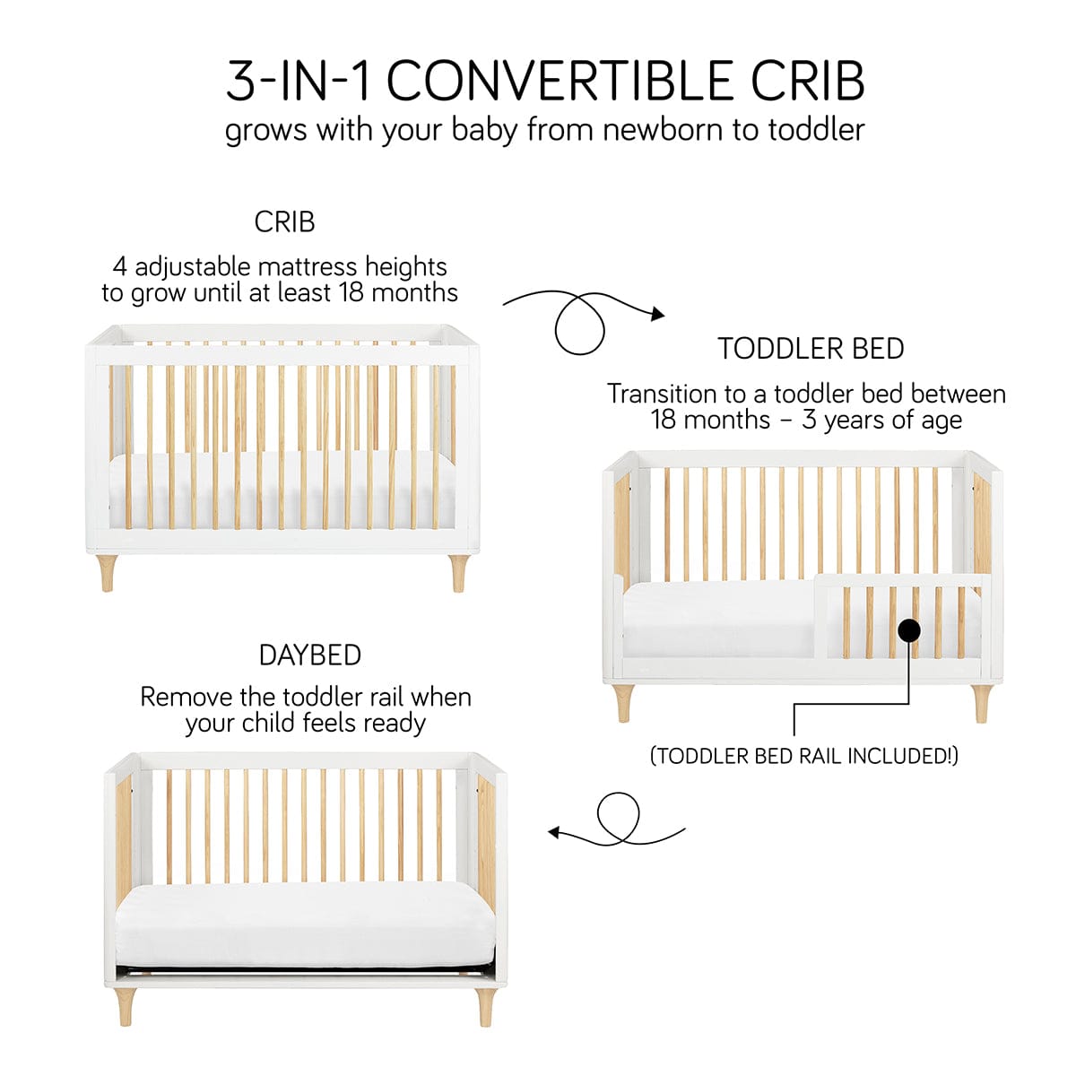 Babyletto Lolly 3-In-1 Convertible Crib with Toddler Bed Conversion Kit - White/Natural - M9001WN
