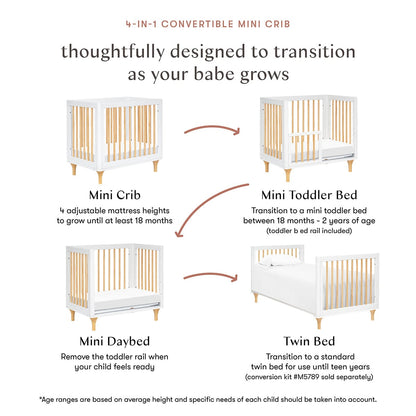 Babyletto Lolly 4-in-1 Convertible Mini Crib w/ Toddler Bed Conversion Kit - White/Natural - M9098WN