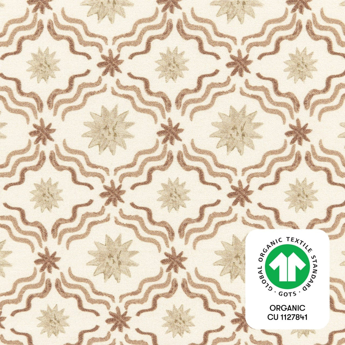 Babyletto fabric with tan star and wavy line pattern and GOTS organic certification label