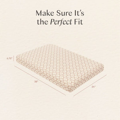 Babyletto mattress dimensions diagram showing 38 inch length 24 inch width and 6.75 inch height