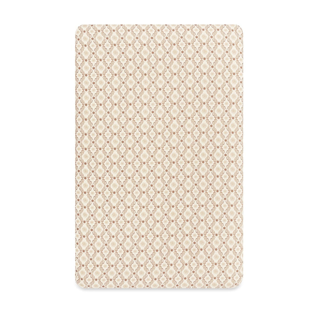 Babyletto crib sheet with a tan and white geometric diamond and floral pattern