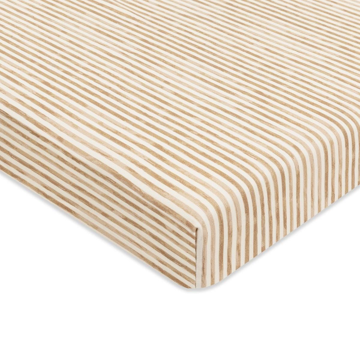 Babyletto crib sheet with tan and white vertical stripes
