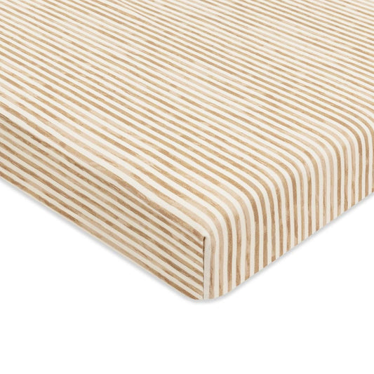 Babyletto crib sheet with tan and white vertical stripes