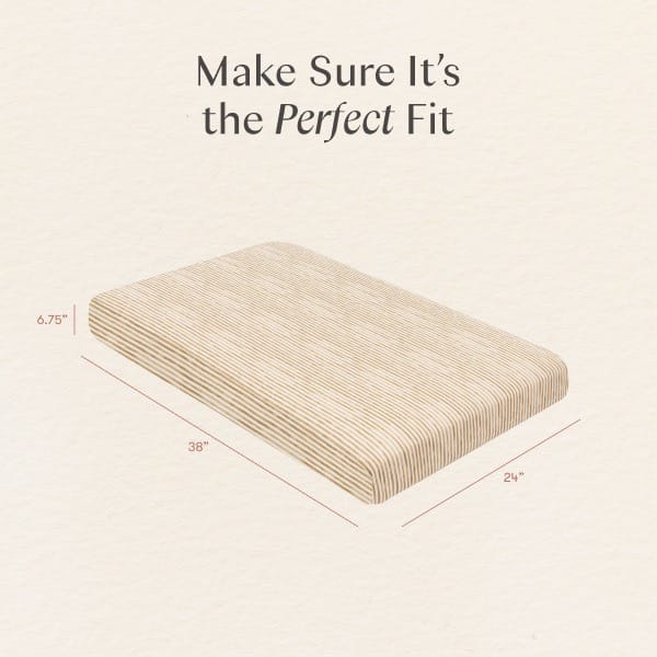 Babyletto striped mattress pad with dimensions 38 inches by 24 inches by 6.75 inches