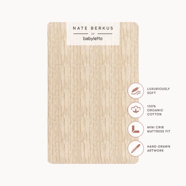 Babyletto Nate Berkus organic cotton mini crib sheet with tan vertical stripe pattern