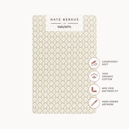 Babyletto Nate Berkus organic cotton mini crib sheet with geometric pattern and feature icons
