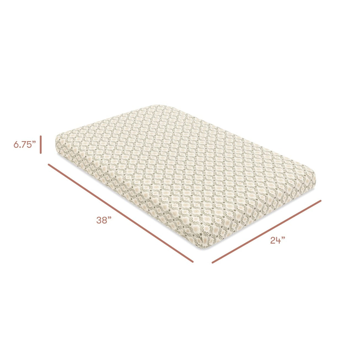 Babyletto mattress with dimensions 38 inches long 24 inches wide and 6.75 inches thick