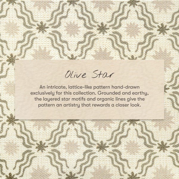 Babyletto Olive Star fabric pattern featuring layered star motifs and organic wavy lines on a textured background
