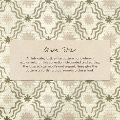Babyletto Olive Star fabric pattern featuring layered star motifs and organic wavy lines on a textured background