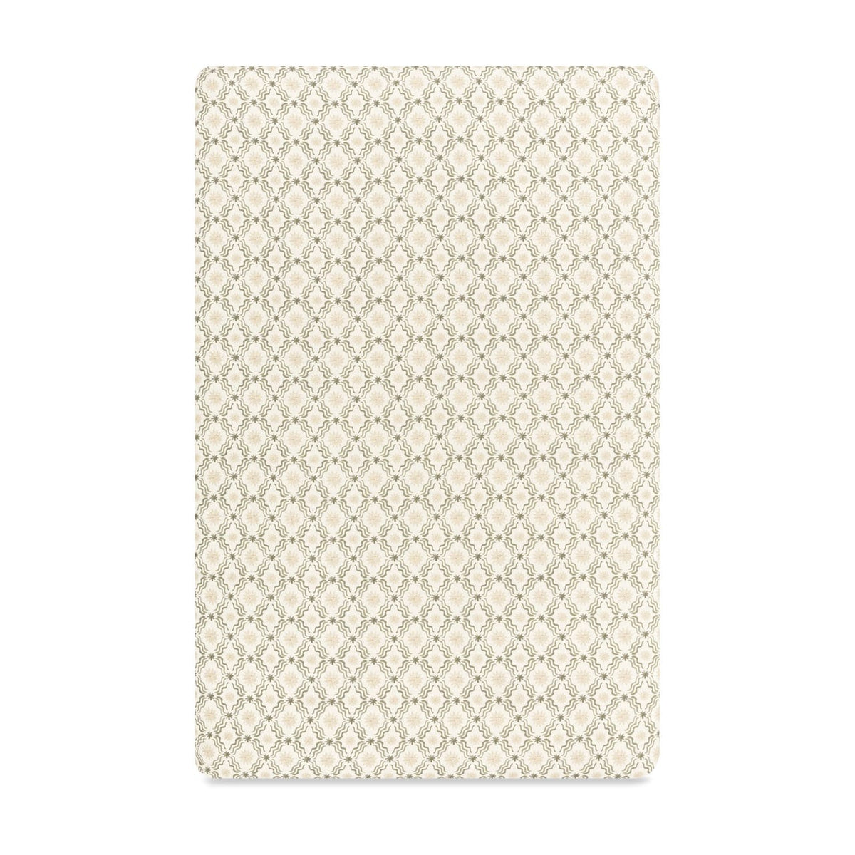 Babyletto crib sheet with a beige and olive green geometric lattice pattern