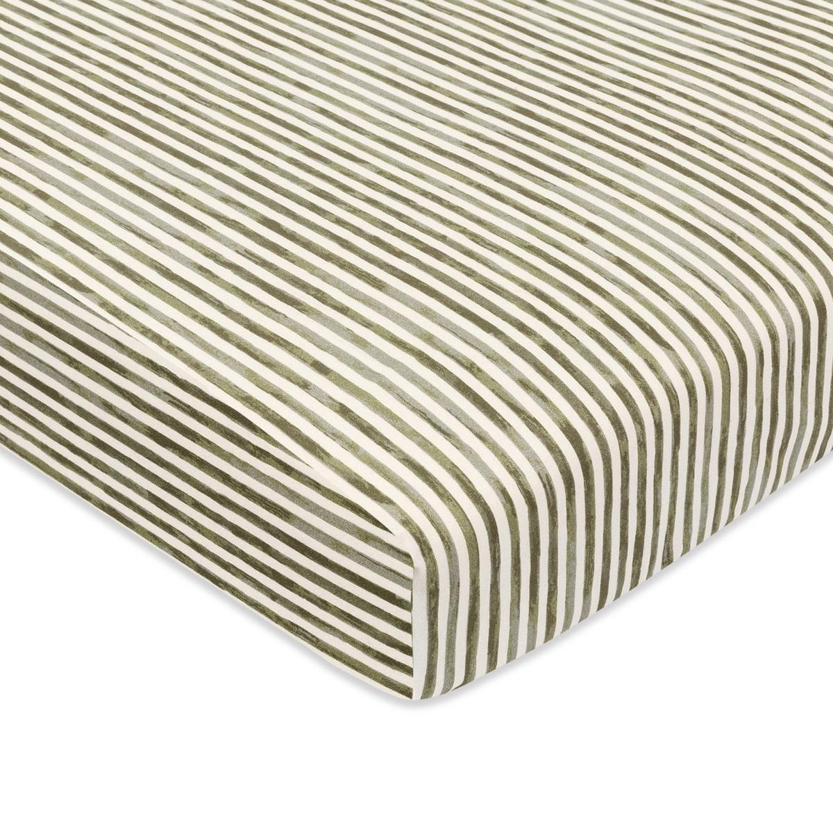 Babyletto crib sheet with olive green and white vertical stripes