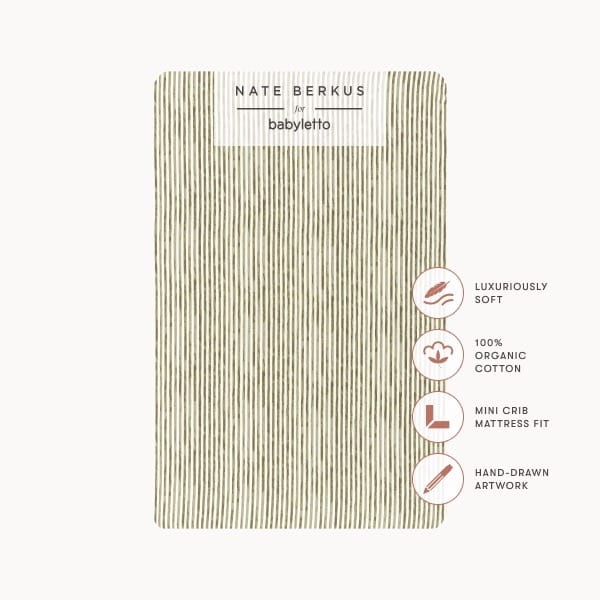 Babyletto Nate Berkus mini crib sheet with olive green vertical stripes and product feature icons