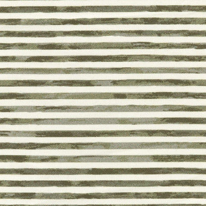 Babyletto fabric with horizontal olive green brushstroke stripes on a cream background