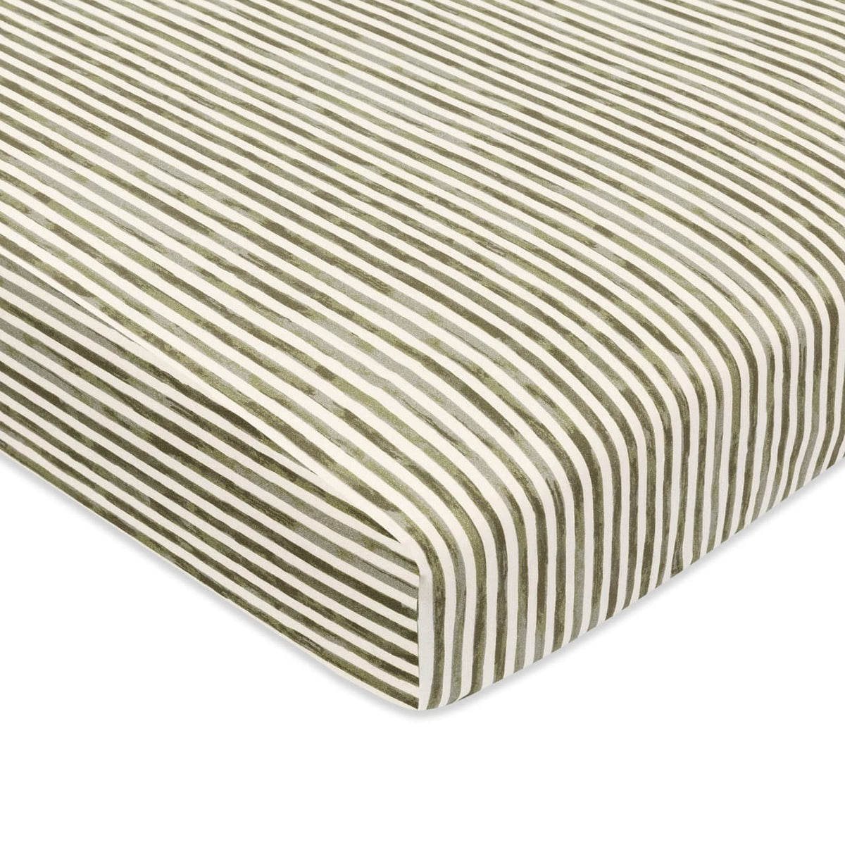 Babyletto crib sheet with olive green and white vertical stripes