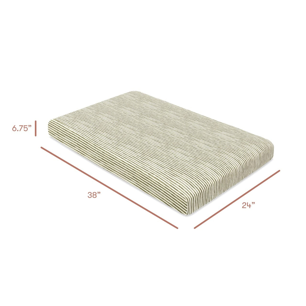 Babyletto striped mattress with dimensions 38 inches by 24 inches by 6.75 inches