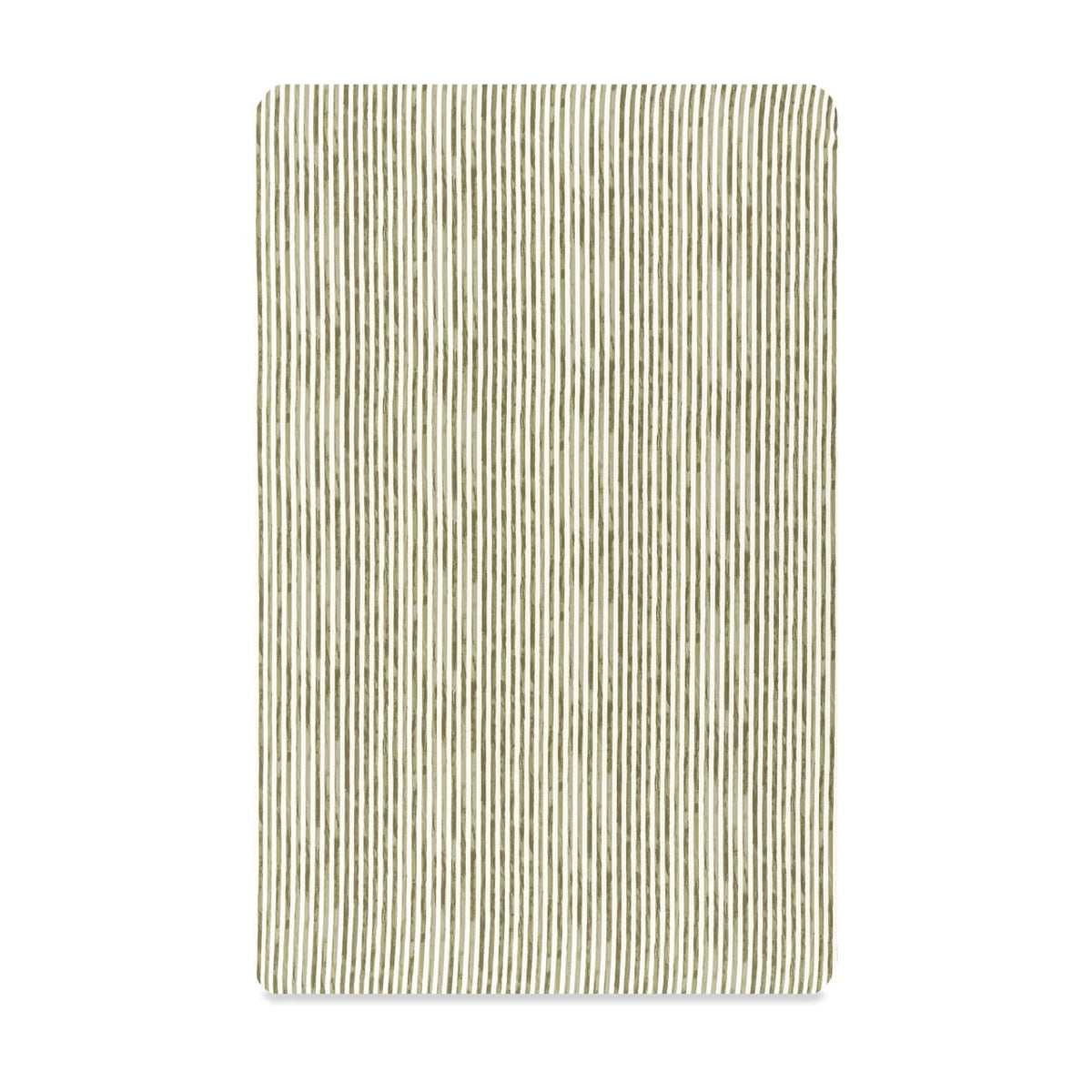 Babyletto crib sheet with olive green vertical pinstripe pattern on white background