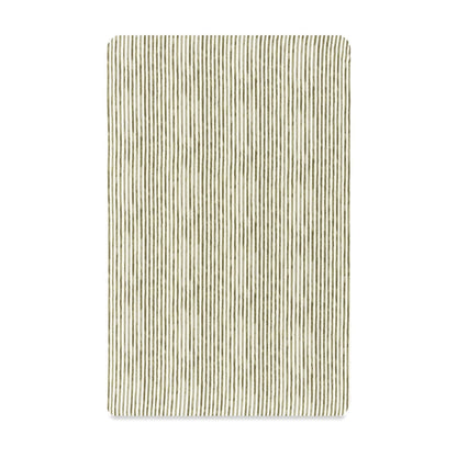 Babyletto crib sheet with olive green vertical pinstripe pattern on white background
