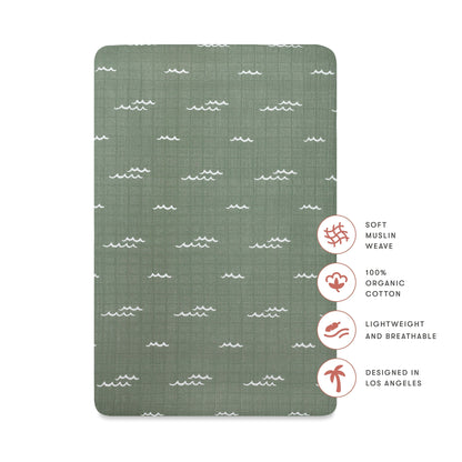Babyletto Mini Crib Sheet in GOTS Certified Organic Muslin Cotton - Ocean Waves - T27136