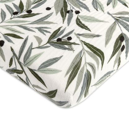 Babyletto Mini Crib Sheet in GOTS Certified Organic Muslin Cotton-Olive Branches - T28236