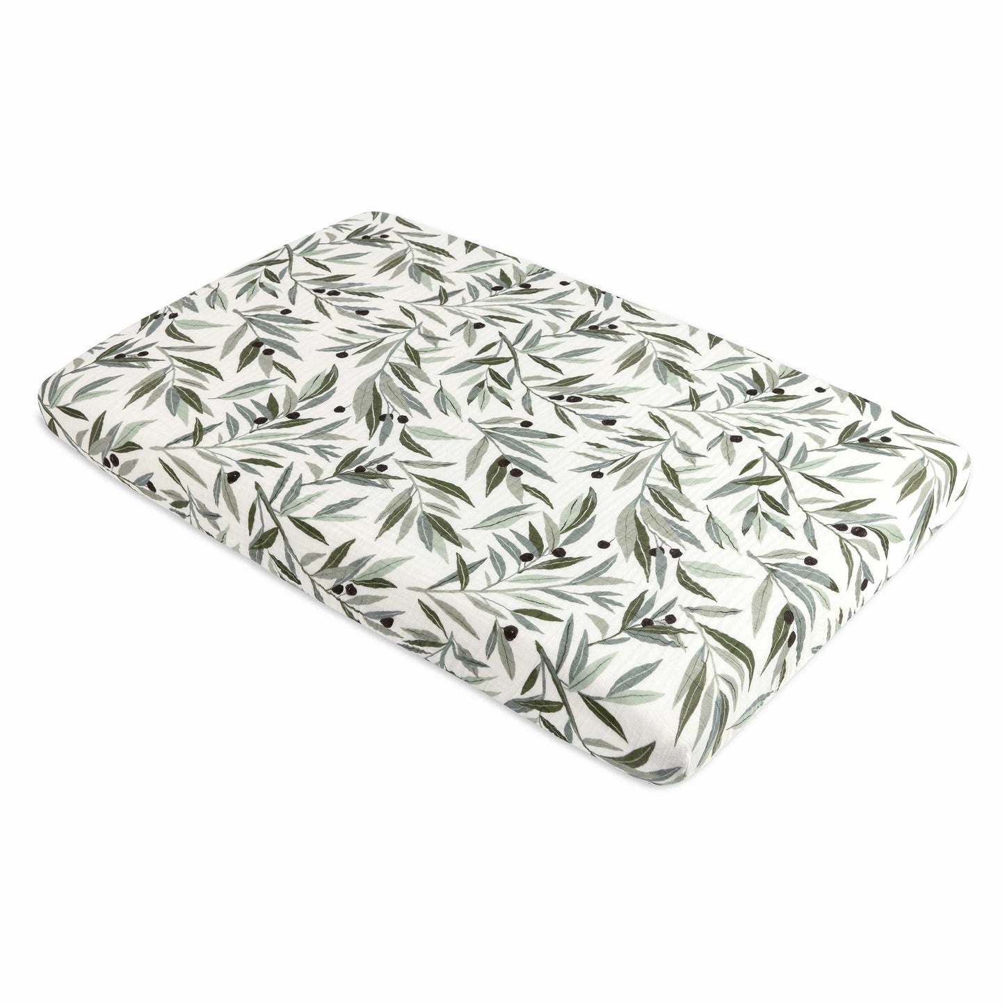 Babyletto Mini Crib Sheet in GOTS Certified Organic Muslin Cotton - Olive Branches - T28236