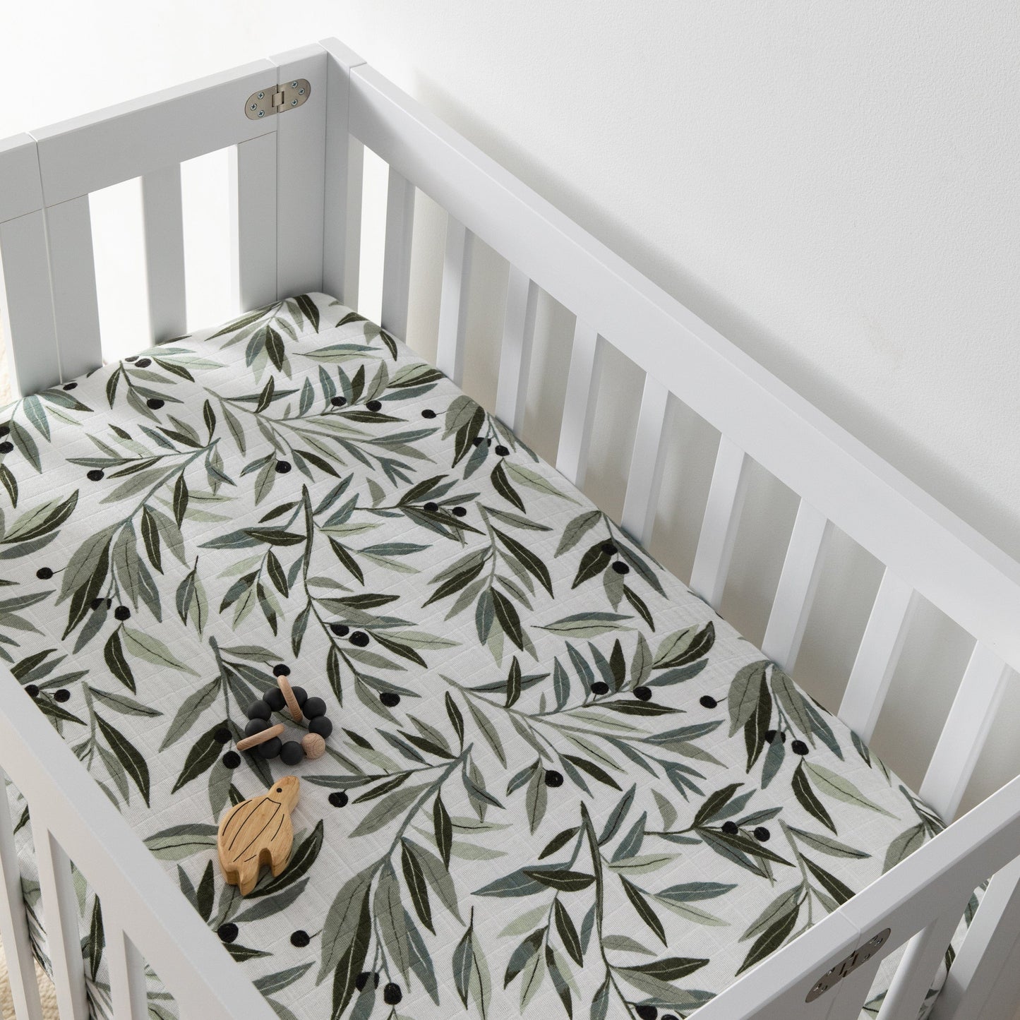 Babyletto Mini Crib Sheet in GOTS Certified Organic Muslin Cotton - Olive Branches - T28236