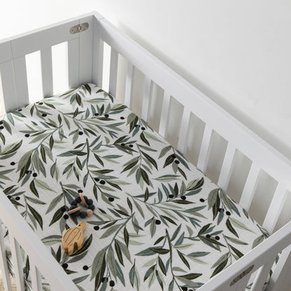 Babyletto Mini Crib Sheet in GOTS Certified Organic Muslin Cotton - Olive Branches - T28236