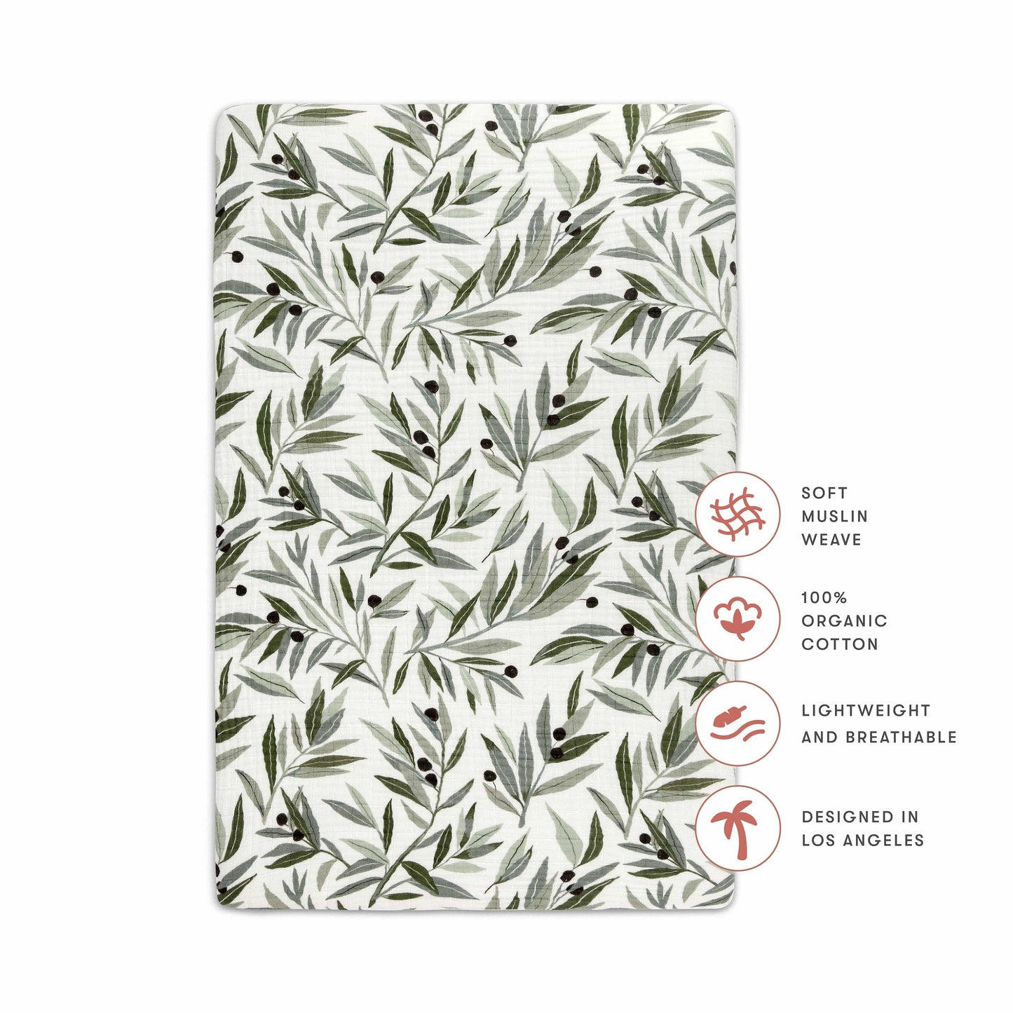 Babyletto Mini Crib Sheet in GOTS Certified Organic Muslin Cotton - Olive Branches - T28236