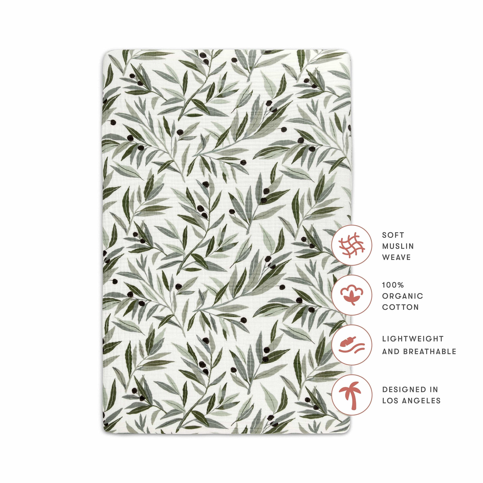 Babyletto Mini Crib Sheet in GOTS Certified Organic Muslin Cotton - Olive Branches - T28236